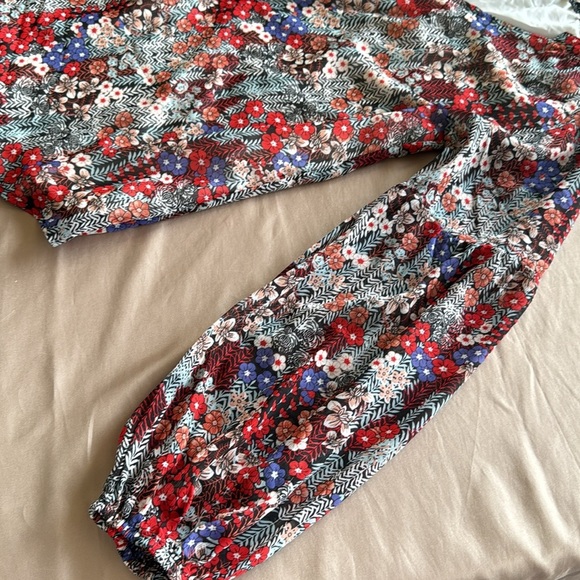 Casual Boho Sheer Floral Print V Neck Long Sleeve Tunic Lined Red and Blue - Picture 7 of 12